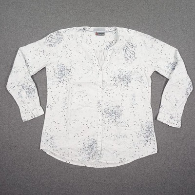 Street One Damen Bluse Gr. 40 Weiß Grau Langarm V-Ausschnitt Blätter-Muster 100%