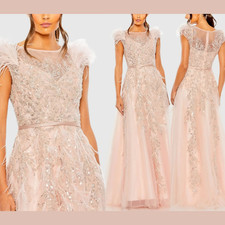 NWT $798 Mac Duggal [ 6 ] 20520 High Neck Feather Detail Beaded Gown Blush J2066