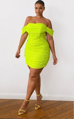 Pretty Little Thing Mini Dress 16 Plus Lime Sequin Bodycon Off the Shoulder