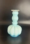 Fenton Blue Overlay Glass Melon Vintage Bottle Vase No Stopper 7" H Ruffled Neck