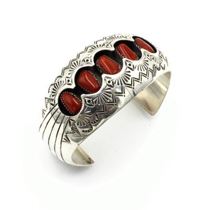 Navajo Pamela Benally Signed Sterling Red Coral Stamped Cuff Bracelet #S5420-4