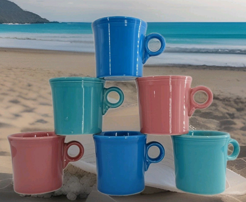 6 Fiesta Ware O Ring Handle Coffee Cup Mugs Blue Green Ocean Colors Set