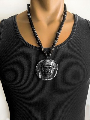 Virunga African Gorilla Necklace, Mens Jewelry, Pendant Necklace 22'' Handmade