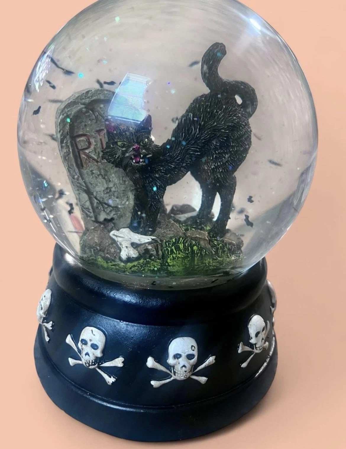 Halloween Black Cat Skull Bat Snow Globe Decor Musical Retro Vintage Skeleton 