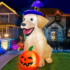 5FT Halloween Inflatable Lab Dog   LED Lights  Witch Hat, Outdoor Yard Decor