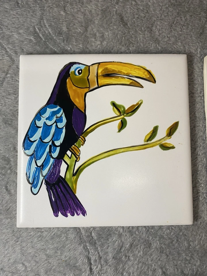 Vintage handbemalte tropische Vogel Keramikfliesen - passendes Paar - Made in USA - Bild 3 von 4