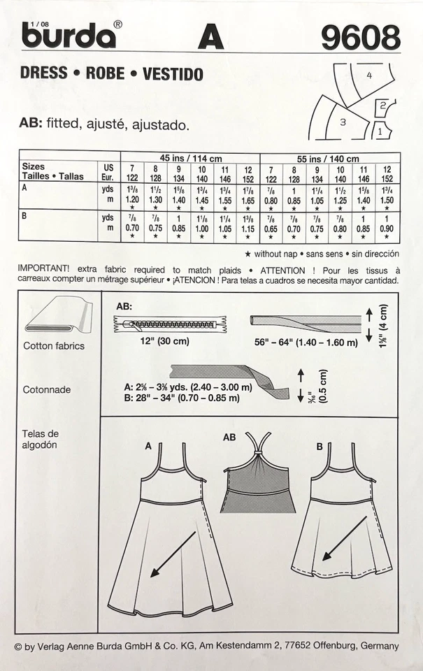 Burda Sewing Pattern 9608 Girls Bias Cut Summer Dress Sizes 7 - 12 NEW - Image 2 of 2
