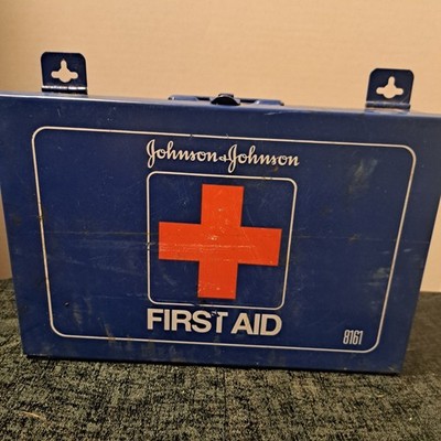 Johnson and Johnson 1970s Vintage Wall Mount First Aid Kit Metal Box #8161