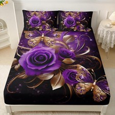 Girls Rose Fitted Sheet Set Queen Size,Gold Purple Rose Butterfly Bed Sheet S...
