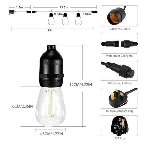 HEAVY DUTY FESTOON E27 IP65 WATERPROOF LED OUTDOOR GARDEN STRING LIGHT LAMP 49FT - Picture 2 of 12