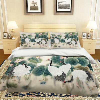 3D Lotus Crane ZHUA35 Bed Pillowcases Quilt Duvet Cover Set Queen King Zoe