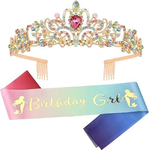 Happy Birthday Girl Crown and Sash Set Princess Tiara Metal Birthday Accessories