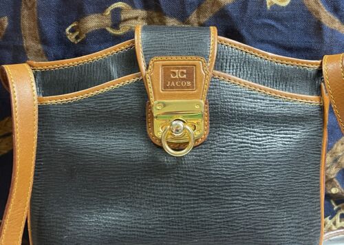 JACOB Crossbody Schultertasche Handtasche schwarz Strukturleder brauner Besatz Vintage - Bild 4 von 24