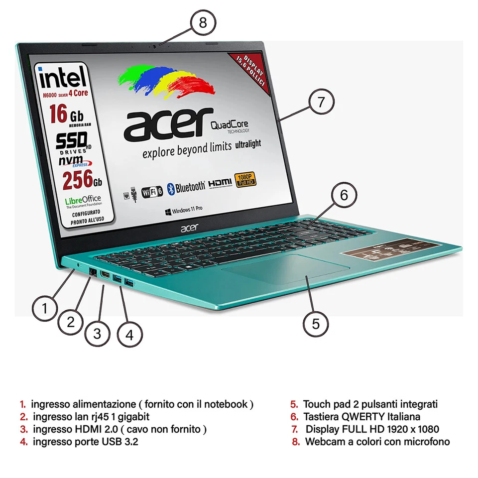 Acer Notebook Intel N6000 SSD 256 GB RAM 16 GB 15,6" FullHD Blue Pronto all'Uso - Immagine 4 di 4