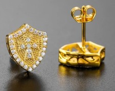 1Ct Round Cut Real Moissanite Cross Shield Men's Earrings 14K Yellow Gold Plated