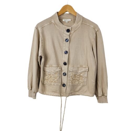 Solitaire Cardigan Sweater Bomber Jacket size Small Sweatshirt button up Tan - Picture 1 of 6