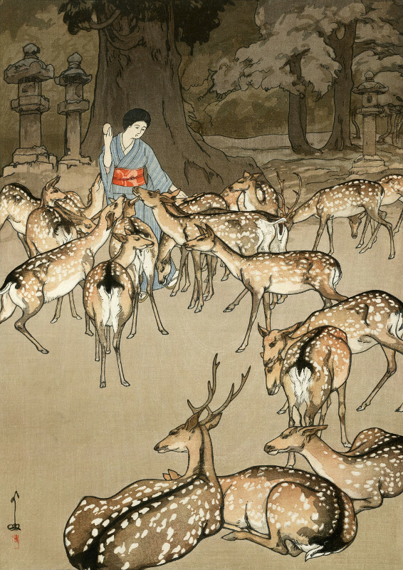 Japanese Art Woodblock Print Deer Park Lanterns 