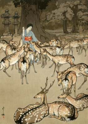 Japanese Art Woodblock Print Deer Park Lanterns 