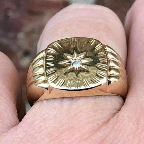 Men's Moissanite 14K Yellow Gold Plated Art Deco Engagement Band Pinky