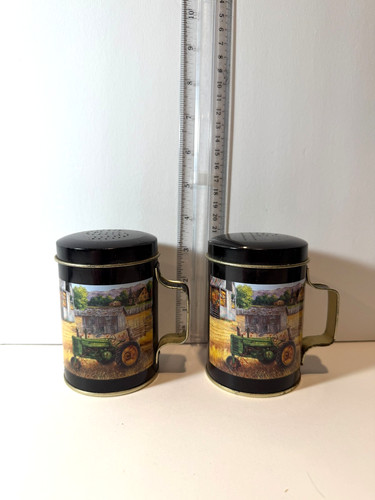 VTG John Deere Salt & Pepper Shakers Set Metal Tin Tractor Farmhouse Kitchen