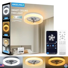 Modern 16'' Ceiling Fan with Lights & Remote, Dimmable LED, 6 Speeds, White