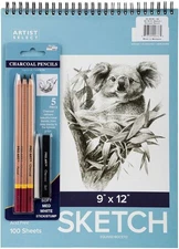Artist Select Sketch Pad 9"X12" & 5pc Charcoal Pencil Set