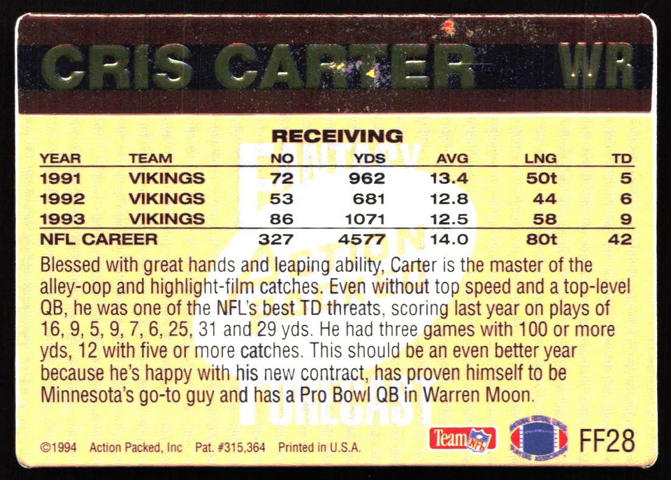 1994 Action Packed #FF28 Cris Carter Fantasy Forecast - Image 2 of 2