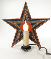 Vtg 9" Wood Look OOAK Resin Star Lamp Primitive Patriotic Red Blue Faux Candle