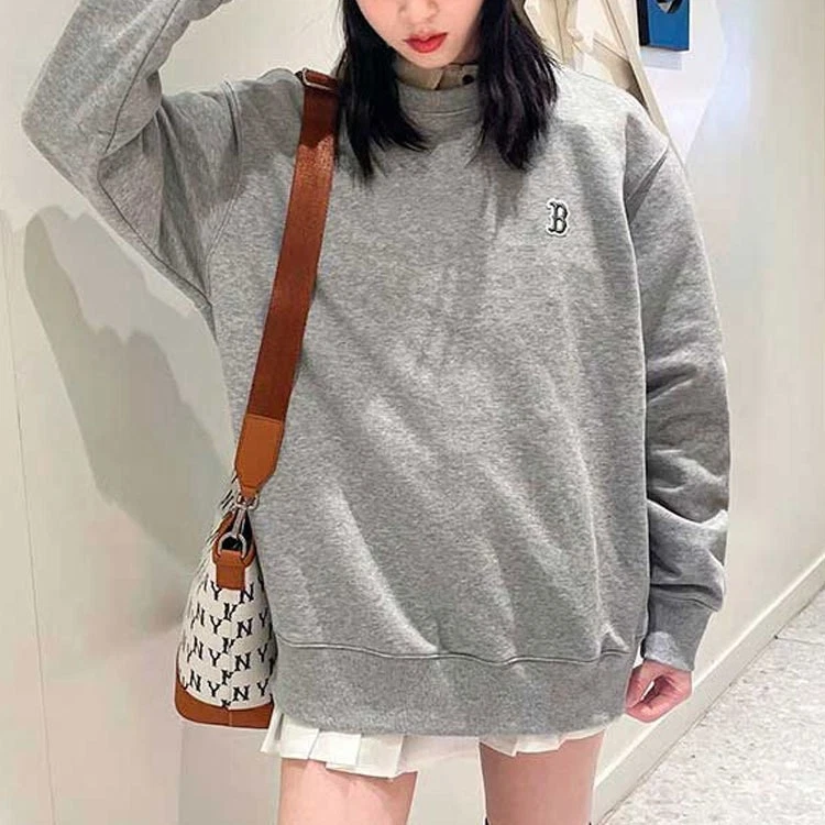 Solid Color Logo Printed Sports Crewneck Pullover Sweatshirt Unisex Gray