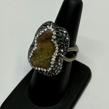 Druzy Stone Surrounded By Crystals Sterling Silver Artisan Statement Ring Sz 6