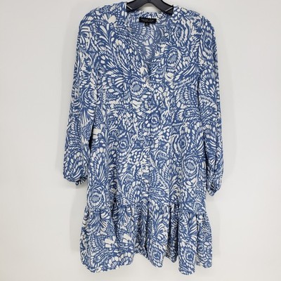 Rachel Zoe Abstract Print Mini Dress Small Blue White Ruffle Flounce Hem Boho