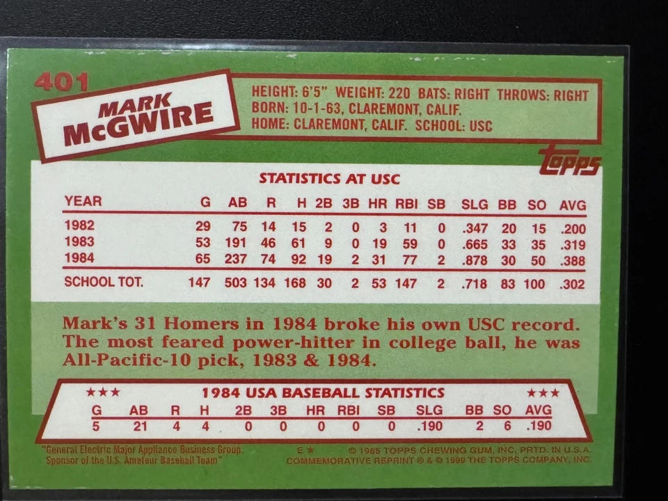 Tarjeta de novato Mark McGwire #401 Topps 1984 EE. UU. Basbeall Team edición limitada 1985 Foto 2 de 4
