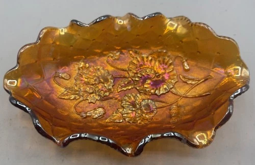 SUPER VINTAGE CARNIVAL IMPERIAL AMBER PANSY PICKLE DISH WITH QUILTED DIAMOND EXT