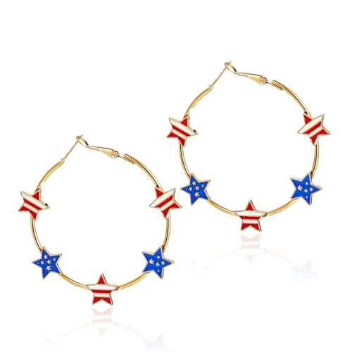 Red White Blue Star Hoop Earrings American Patriotic Flag 4th of July Gold