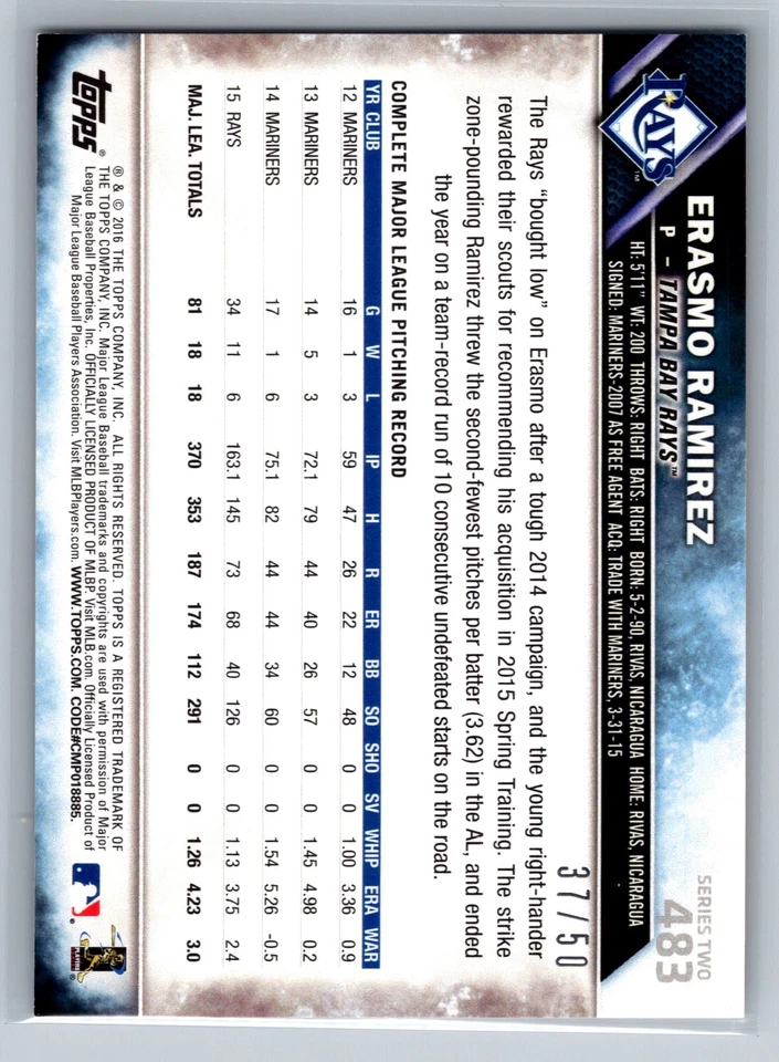 Erasmo Ramirez 2016 Topps Pink /50 #483 - Image 2 of 2