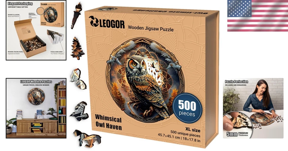 独特 500 件木制拼图带手塑件 - 礼品即用猫头鹰艺术 — 第 2/4 张图片