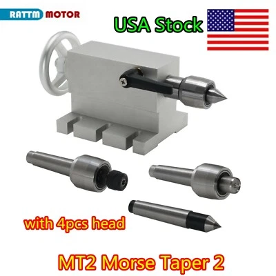 RATTM MOTOR 65mm Center Morse Taper 2 Live Center Movable MT2 Tailstock+4pcs head for Lathe