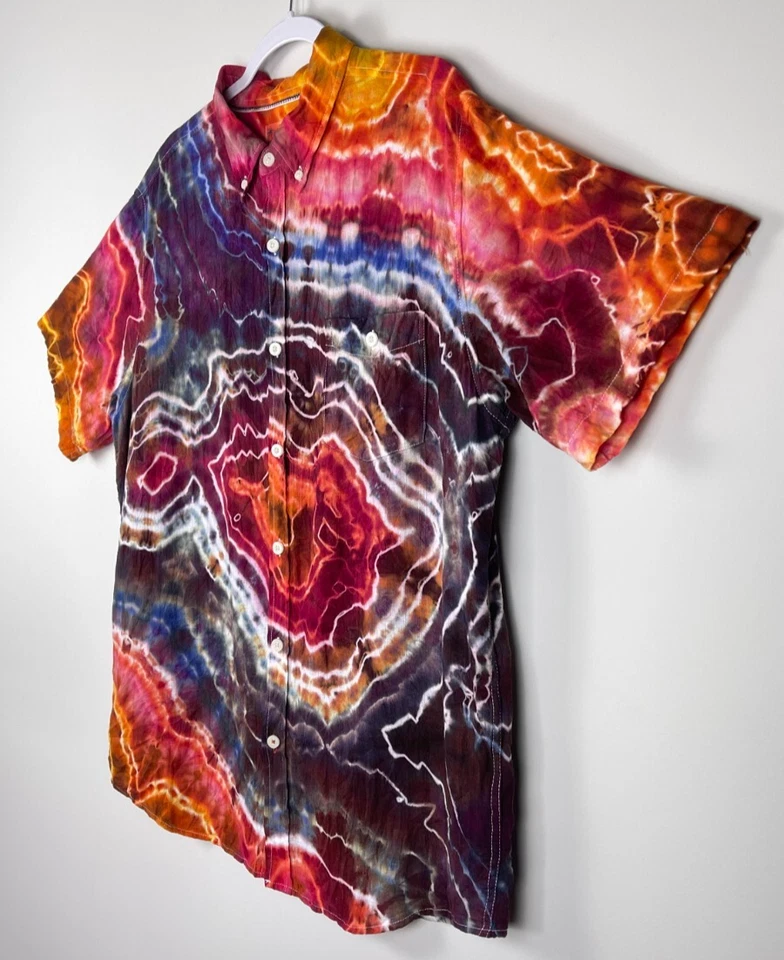 Handmade Tie Dye Linen Button-Down, Geode Tie Dye Short Sleeve Ice Dye, XL - Image 3 of 4