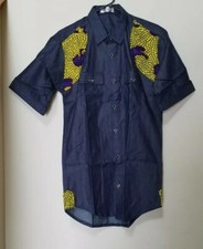 Men's Ankara On Jean Shirt African Dashiki Blue Multi Color Armpit-size: 20"