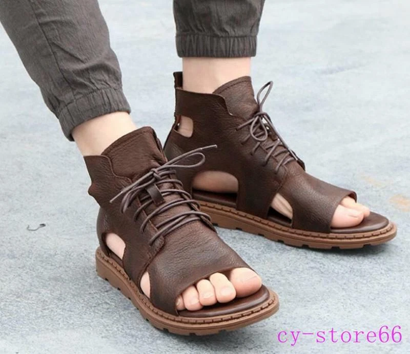 Men Gladiator Sandals High Top Boots Leather Lace Up Casual Shoes Roman Open  Toe