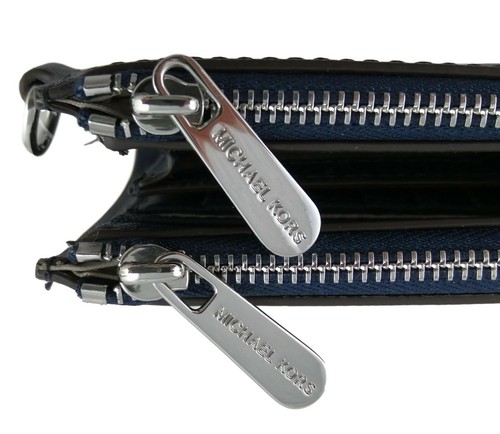 Michael Kors Purse Navy Dark Blue Large Bifold Leather Wristlet Double Zip - Picture 11 of 13