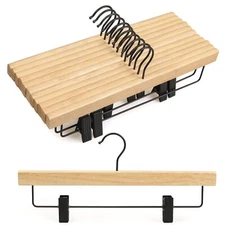 Pants Hangers 10 Pack Wooden Clothes Hangers with Black Clips and Rotatable H...