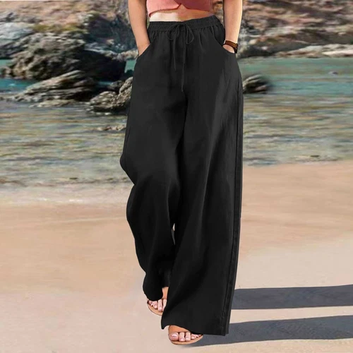 Women Cotton Linen Pants Solid Wide Leg Casual Loose Pants High Waist Trousers - Bild 7 von 36