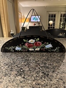 Vintage Toleware Black Metal Hand Painted Firewood Magazine Log Holder Fireplace