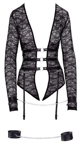 Long Sleeve Crotchless Bodysuit with HandCuffs and Free Stockings - Picture 8 of 11