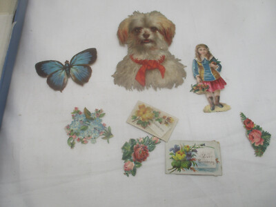 Lot antike Oblaten Glanzbilder Poesiebilder  Hund Kinder Blumen ua.  (7) ~ 1880/