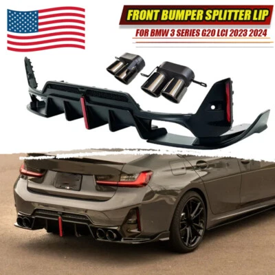 Rear Lower Diffuser + Exhust pipes Gloss Black For BMW 3Series G20 LCI 2023~2025 - Image 1 of 4