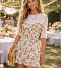 Farm Rio Dress Small Mixed Liberty Mini Dress Floral Boho Casual Lace Pintuck