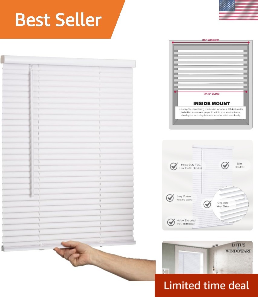 Cordless Mini Blind, 1" Vinyl Slats, 35" Wide x 60" Long - White, Window Blin...