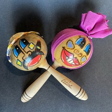 Vintage Whimsical Cuban GOURD MARACAS HAND Man Woman Painted Carved Marked Cuba